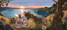 Load image into Gallery viewer, Inside spread shows little girl lying on a log at sunset. 
