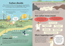 Load image into Gallery viewer, Inside spread titled &#39;carbon dioxide&#39; and shows illustrations of carbon sinks and two scientists explaining carbon.
