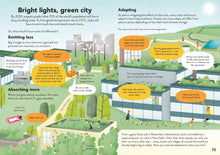 Load image into Gallery viewer, Inside spread titled &#39;bright lights, green city&#39; with illustration of a city with green roofs, parks, and wind power.
