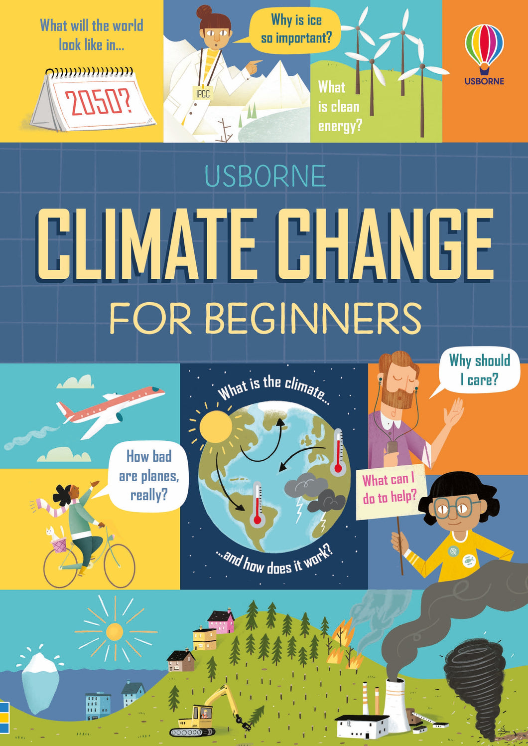 Book cover has illustrated panels with people, wind turbines and planet Earth. 