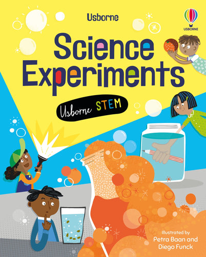 Yellow blue and orange book scover shows children doing experiments.