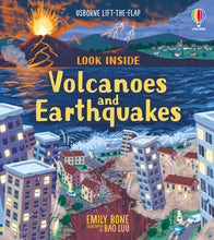 Load image into Gallery viewer, Book cover shows illustration of city and mountains with earthquakes and volcanoes. 
