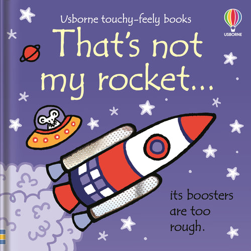 Purple book cover shows illustration of rocket with two patches to feel the boosters.