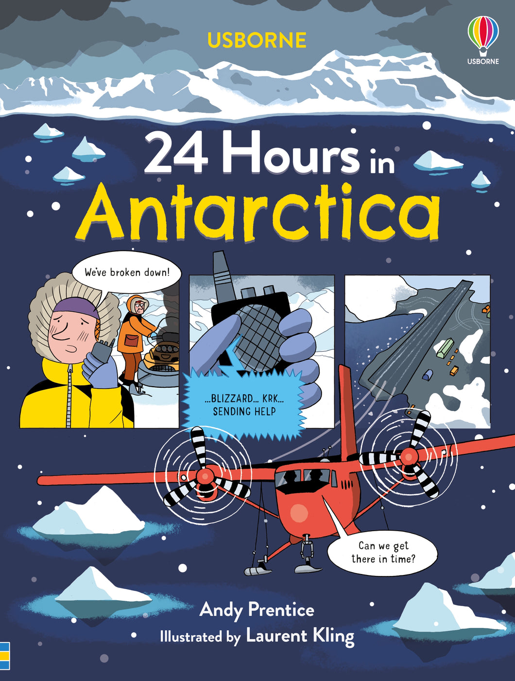 Book cover is illustrated with ice floating in the sea, and a helicopter flying above. Three comic panels on cover.