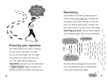 Load image into Gallery viewer, Inside spread shows black and white illustrations and text about &#39;protecting your reputation&#39; and &#39;oversharing&#39;.
