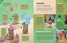 Load image into Gallery viewer, Pages 82-83 with sections on light play, storytelling, sound machine. Creatures made of cardboard on left page.
