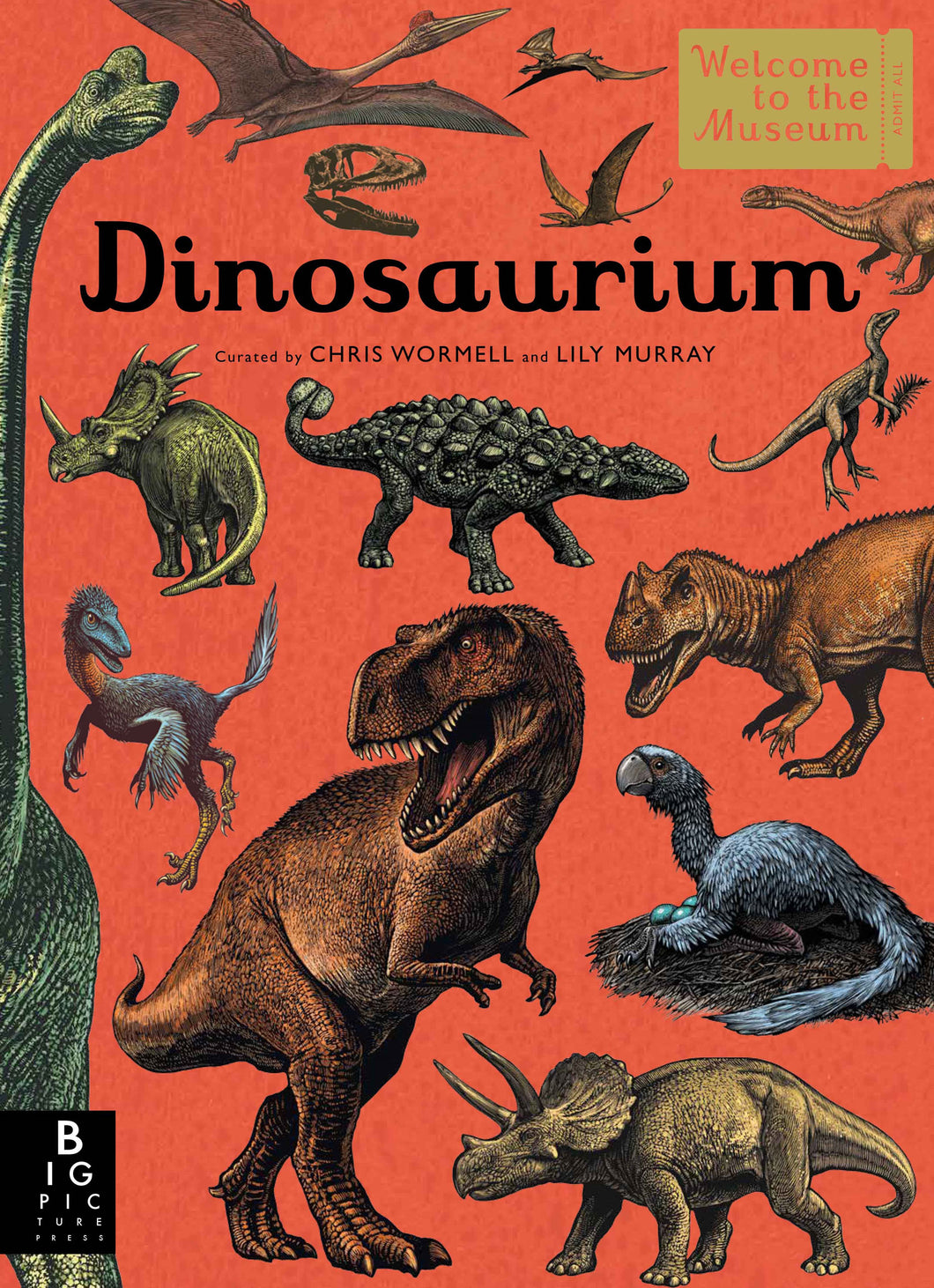 orange book cover with illustrations of various dinosaurs.