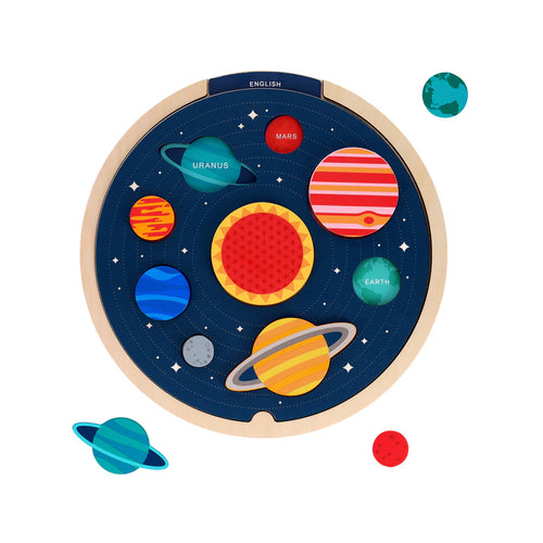 Tray puzzle is round with dark blue backround, planet shapes and spinning function to reveal languages.