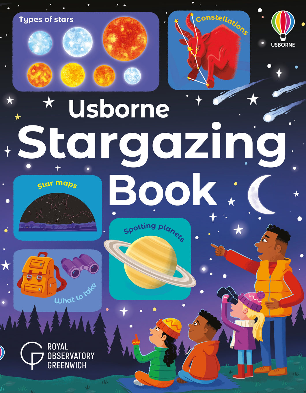 Book cover shows sections of book 'types of stars, constellations, star maps, what to take' and 'spotting planets'. 