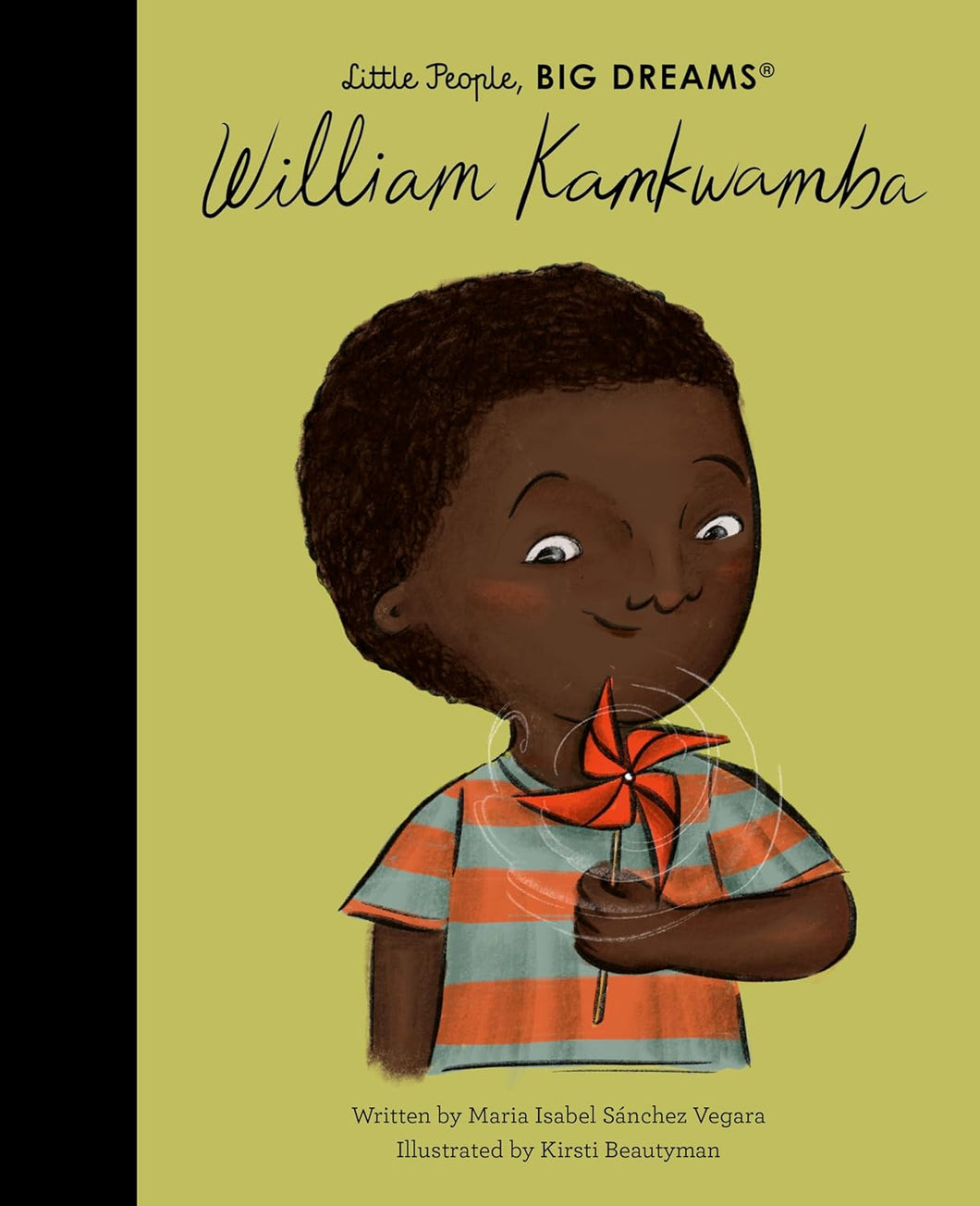 Light green book cover with illustration of a young Black boy holding a pinwheel. 