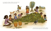 Load image into Gallery viewer, Illustration across both pages of pile of corn with people surrounding it and shucking the husks. 
