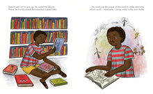 Load image into Gallery viewer, Left page shows William at the libary. Right page shows William reading a book about windmills and thinking about power.
