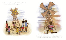 Load image into Gallery viewer, On left page people gathered around windmill. Right page shows William plugging a windmill into a lightbulb. 
