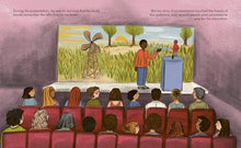 Load image into Gallery viewer, Across two pages William stands at a lecturn doing a presentation to a room of people. Two lines of text. 
