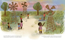 Load image into Gallery viewer, Across both pages people gathered in field with windmills using and gathering water.
