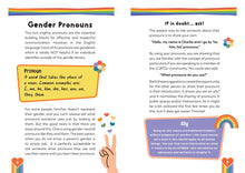 Load image into Gallery viewer, Pages 8 and 9 is a section on gender pronouns with key terms pronoun and ally. 
