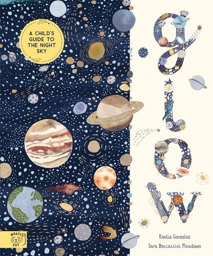 Book cover is blue and white with illustrations of space. 