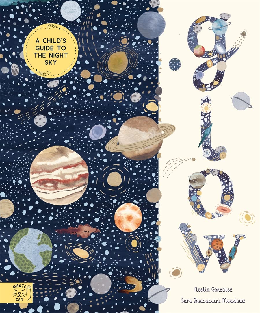 Book cover is blue and white with illustrations of space. 