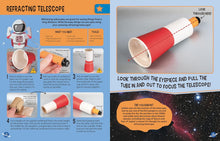 Load image into Gallery viewer, Inside spread pages 22-23 with instructions for a retracting telescope. Instructions are written and pictured. 
