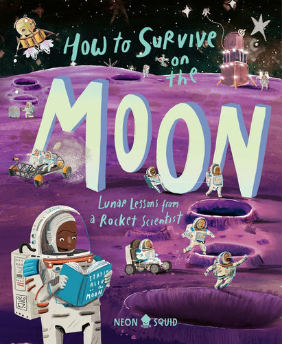 Book cover of astronauts standing on a purple moon. 