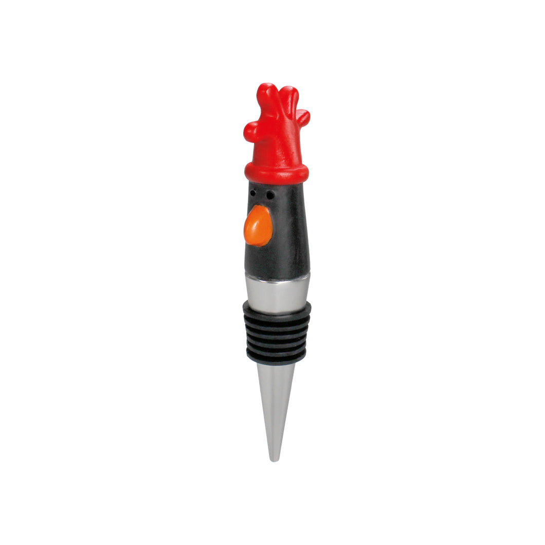 Wine bottle stopper with black penguin head and red glove on top.