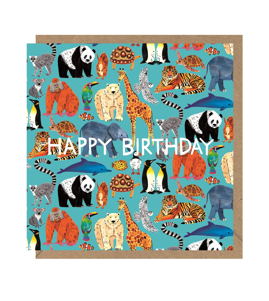 Light blue card with colourful illustrations of zoo animals. Card sits on top of brown envelope. 