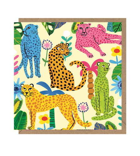 Yellow card with illustrations of differently coloured cheetahs, blue, orange, yellow, green and pink on a background of plants. Card sits on brown craft envelope. 