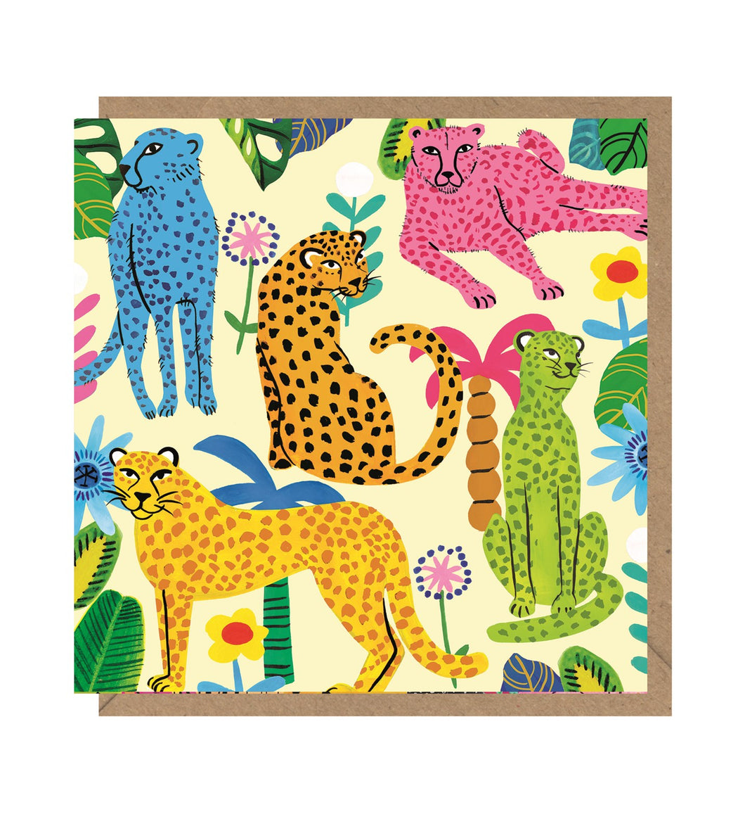 Yellow card with illustrations of differently coloured cheetahs, blue, orange, yellow, green and pink on a background of plants. Card sits on brown craft envelope. 