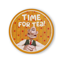Load image into Gallery viewer, Orange coaster with smiling Wallace and &#39;time for tea&#39; written above his head. 
