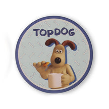 Load image into Gallery viewer, Blue coaster with Gromit holding a biscuit and a cup of tea. &#39;Top dog&#39; written across top. 
