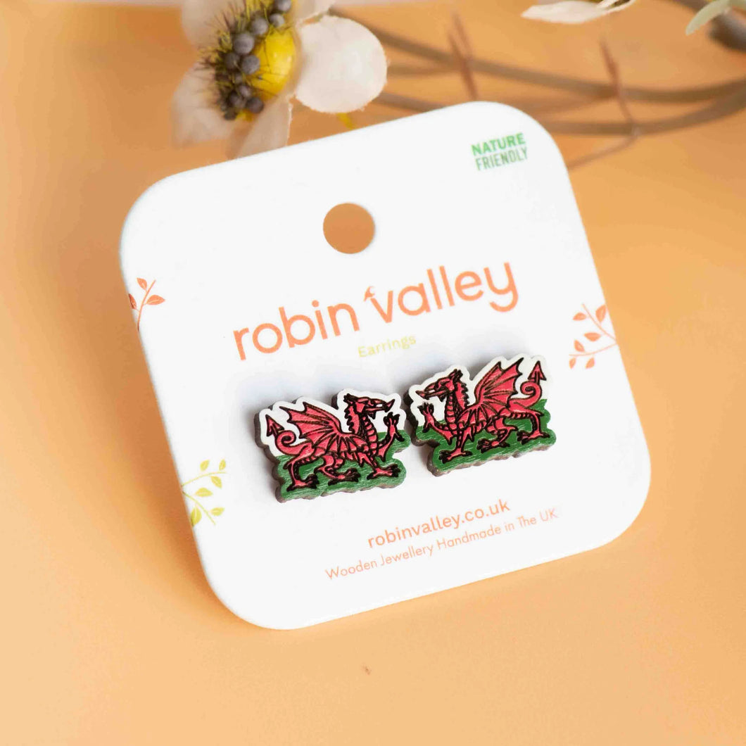Pair of dragon-shaped earrings on a 'Robin Valley' branded card against an orange background.