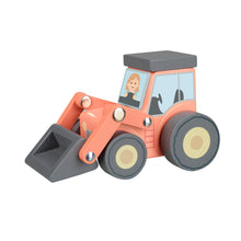 Load image into Gallery viewer, Orange tractor with illustation of white woman in front seat. 
