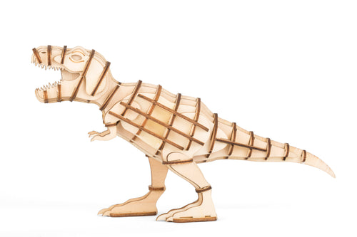 T-rex shaped wooden puzzle with open mouth made of slot together pieces.