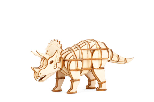 wooden triceratops 3D puzzle made from slot-together bits of wood. 