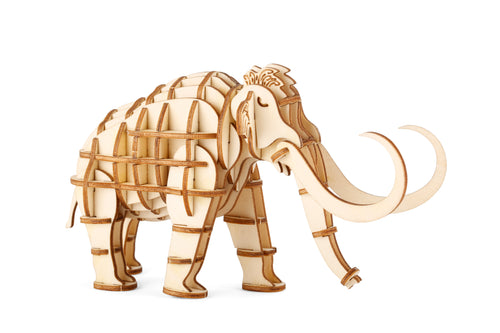 wooden puzzle made from slats of wood shaped into a mammoth.