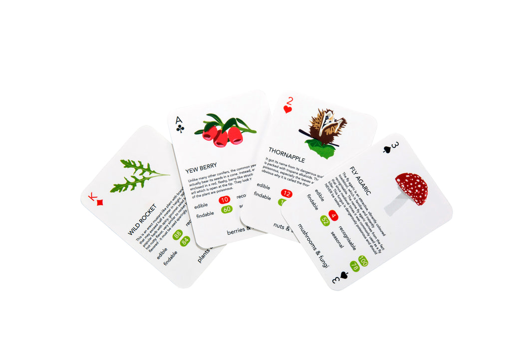 four splayed playing cards. Each card has a couple sentences of facts followed by the words edible, findable, recognisable, and seasonal, each followed by a number ranging from 1-100. A colour illustration sits at the top of each playing card. 