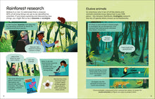 Load image into Gallery viewer, Inside spread pages 8-9 titled &#39;rainforest research&#39;, shows illustratons of scientists in the rainforest around animals. 
