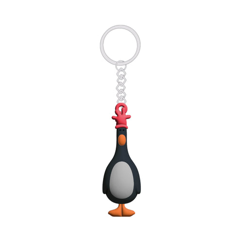 Keyring attached to a penguin wearing a red glove on it's head. 