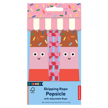 Load image into Gallery viewer, cardboard box for skipping rope shows image of smiling popsicle handles. Box reads, skipping rope popsicle with adjustable rope. 
