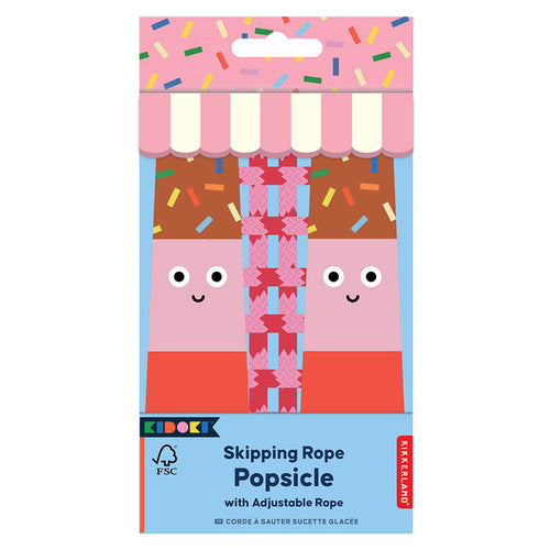 cardboard box for skipping rope shows image of smiling popsicle handles. Box reads, skipping rope popsicle with adjustable rope. 