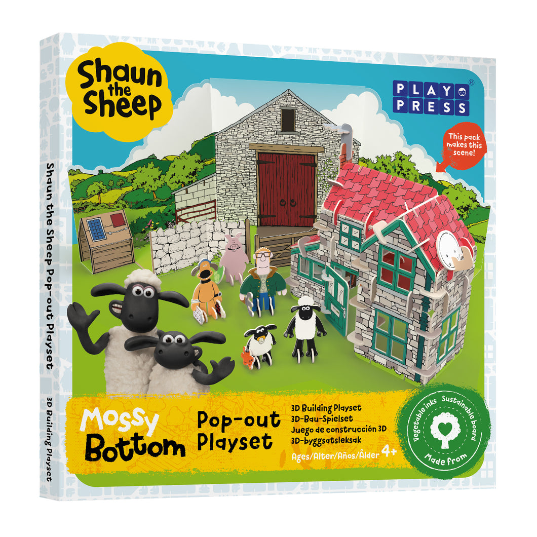 Packaging is cardboard box with image of fully assembled playset. Packaging reads 'make this scene! mossy bottom pop-out playset, 3D building playset'