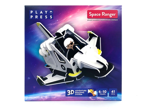 Cardboard box with fully assembled space ranger. Packaging reads '3D adventure building system, 6-10 years, 41 pieces'