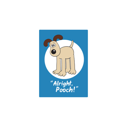 Blue background and white circle. Gromit in front. 