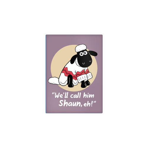 purple magnet with a illustration of sheep wearing a jumper. 