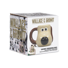 Load image into Gallery viewer, Gromit Espresso Mug packaging from Wallace &amp; Gromit with cartoon characters on a white background
