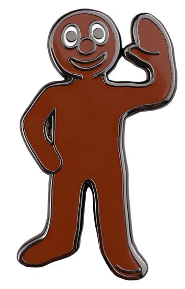 Pin badge of Morph waving. Morph is a figure made of clay with a bald head. 