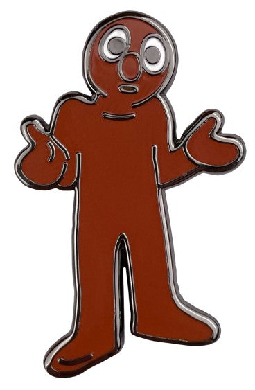 Pin badge of Morph, a brown humanoid shaped clay figure with a bald head.