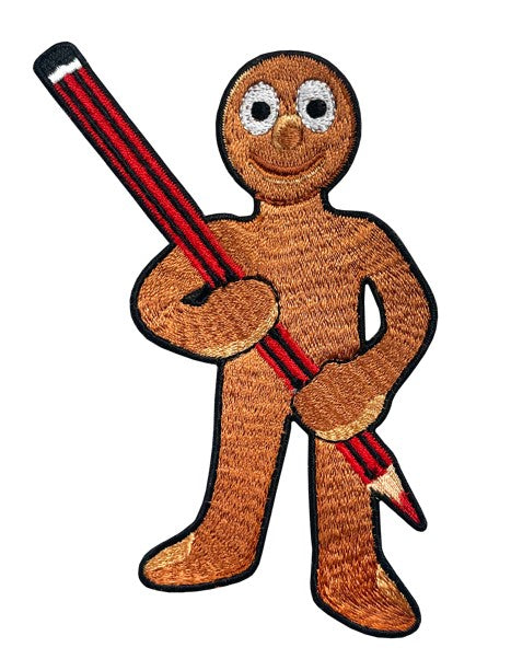 Morph, a brown figure made of clay holding a pencil is shown on this patch. 