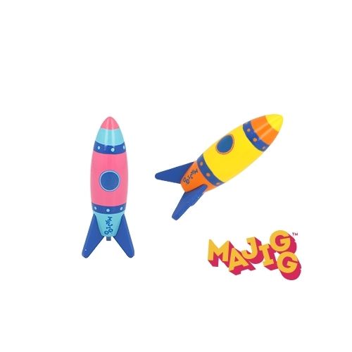 2 wooden rockets. One is pink, light blue and dark blue. The other is orange, yellow and dark blue. The brand logo Majigg is in the bottom right corner. 