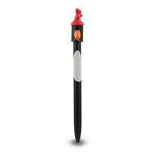 Load image into Gallery viewer, Black pen with topper featuring penguin head with red glove on top. 
